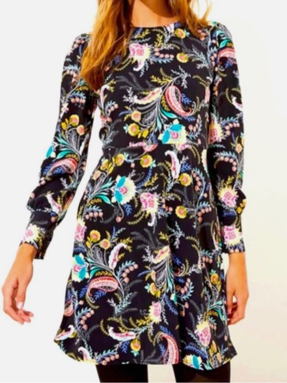 LOFT Black Long-Sleeve, Button Cuff, Paisley Floral Fit-and-Flare Dress-Sz 4